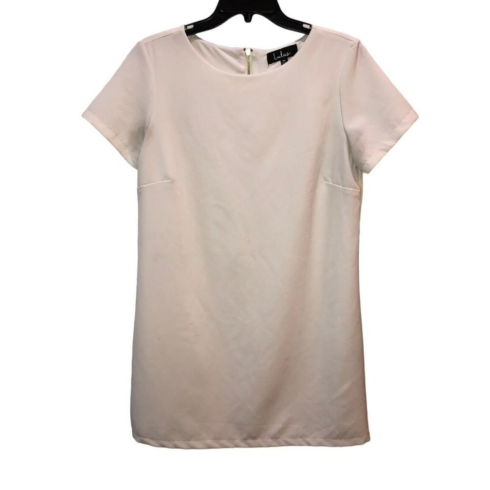 Lulus Medium Ivory Short Sleeve Zip Back Short Mini Shift Dress Size M USA Made - Picture 2 of 9